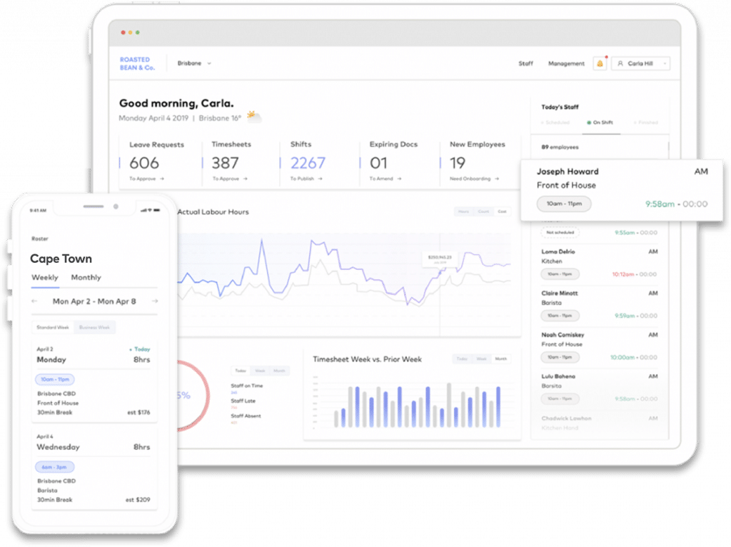 Roubler dashboard on mobile and tablet